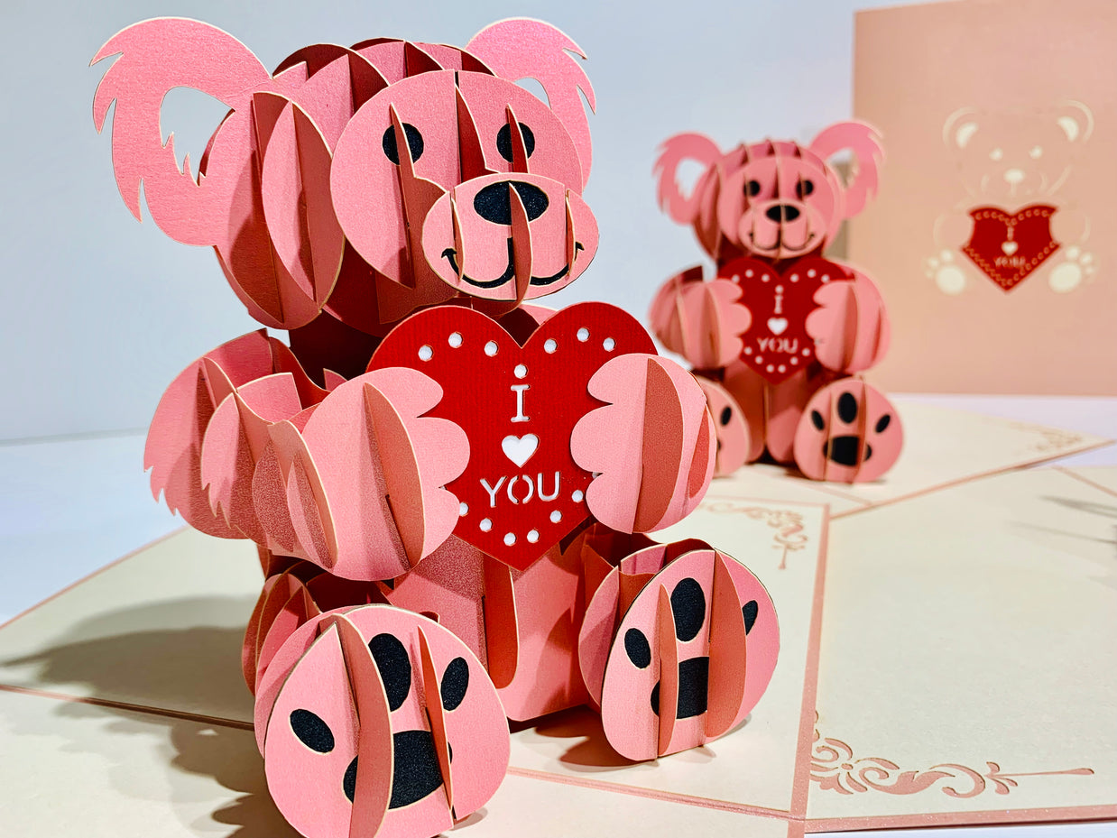 Super Cute Pink Love Teddy Bear Origami Pop Cards 3D Pop Up Greeting Card Thank You Handmade Gift Thinking of You Happy Birthday Occasion Australiana Celebrate the Beauty and Happiness During Special Day Best Wishes Gift