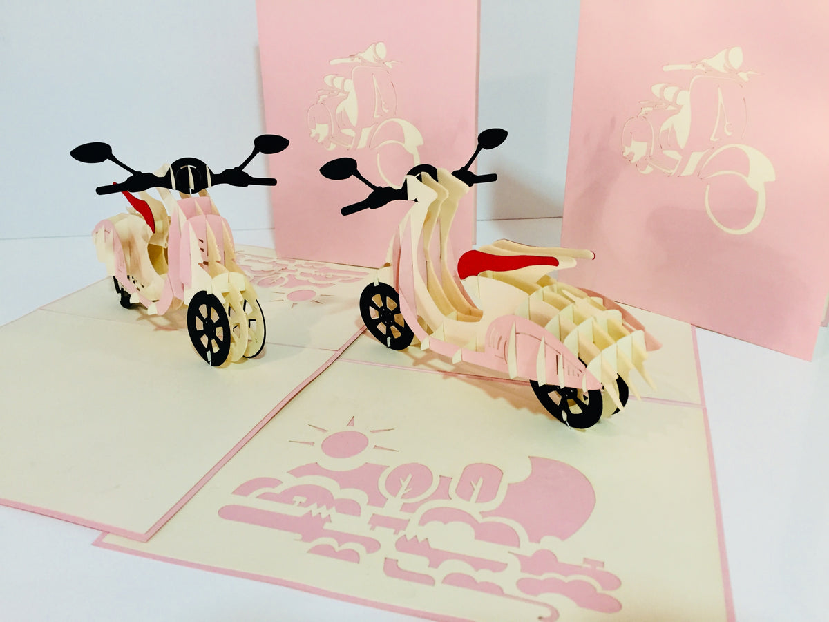 Super Cute Pink Scooter Motorcycle - Perfect for Happy Mother's Day Origami Pop Cards 3D Pop Up Greeting Card Celebrate Happy Birthday Thank You Handmade Best Wishes Gift Thinking of You Blank Card for Any Occasion Happy Valentine Day Australiana