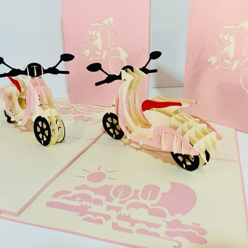Super Cute Pink Scooter Motorcycle - Perfect for Happy Mother's Day Origami Pop Cards 3D Pop Up Greeting Card Celebrate Happy Birthday Thank You Handmade Best Wishes Gift Thinking of You Blank Card for Any Occasion Happy Valentine Day Australiana