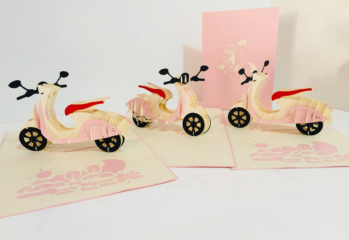 Super Cute Pink Scooter Motorcycle - Perfect for Happy Mother's Day Origami Pop Cards 3D Pop Up Greeting Card Celebrate Happy Birthday Thank You Handmade Best Wishes Gift Thinking of You Blank Card for Any Occasion Happy Valentine Day Australiana