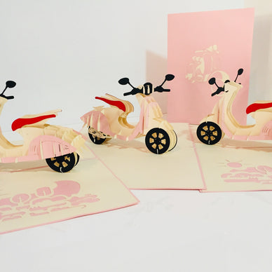 Super Cute Pink Scooter Motorcycle - Perfect for Happy Mother's Day Origami Pop Cards 3D Pop Up Greeting Card Celebrate Happy Birthday Thank You Handmade Best Wishes Gift Thinking of You Blank Card for Any Occasion Happy Valentine Day Australiana