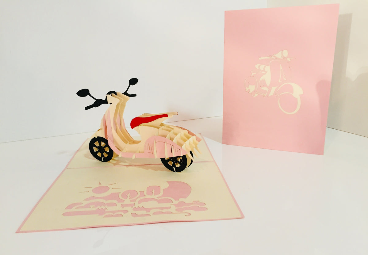 Super Cute Pink Scooter Motorcycle - Perfect for Happy Mother's Day Origami Pop Cards 3D Pop Up Greeting Card Celebrate Happy Birthday Thank You Handmade Best Wishes Gift Thinking of You Blank Card for Any Occasion Happy Valentine Day Australiana