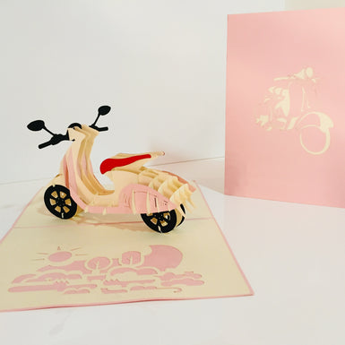 Super Cute Pink Scooter Motorcycle - Perfect for Happy Mother's Day Origami Pop Cards 3D Pop Up Greeting Card Celebrate Happy Birthday Thank You Handmade Best Wishes Gift Thinking of You Blank Card for Any Occasion Happy Valentine Day Australiana