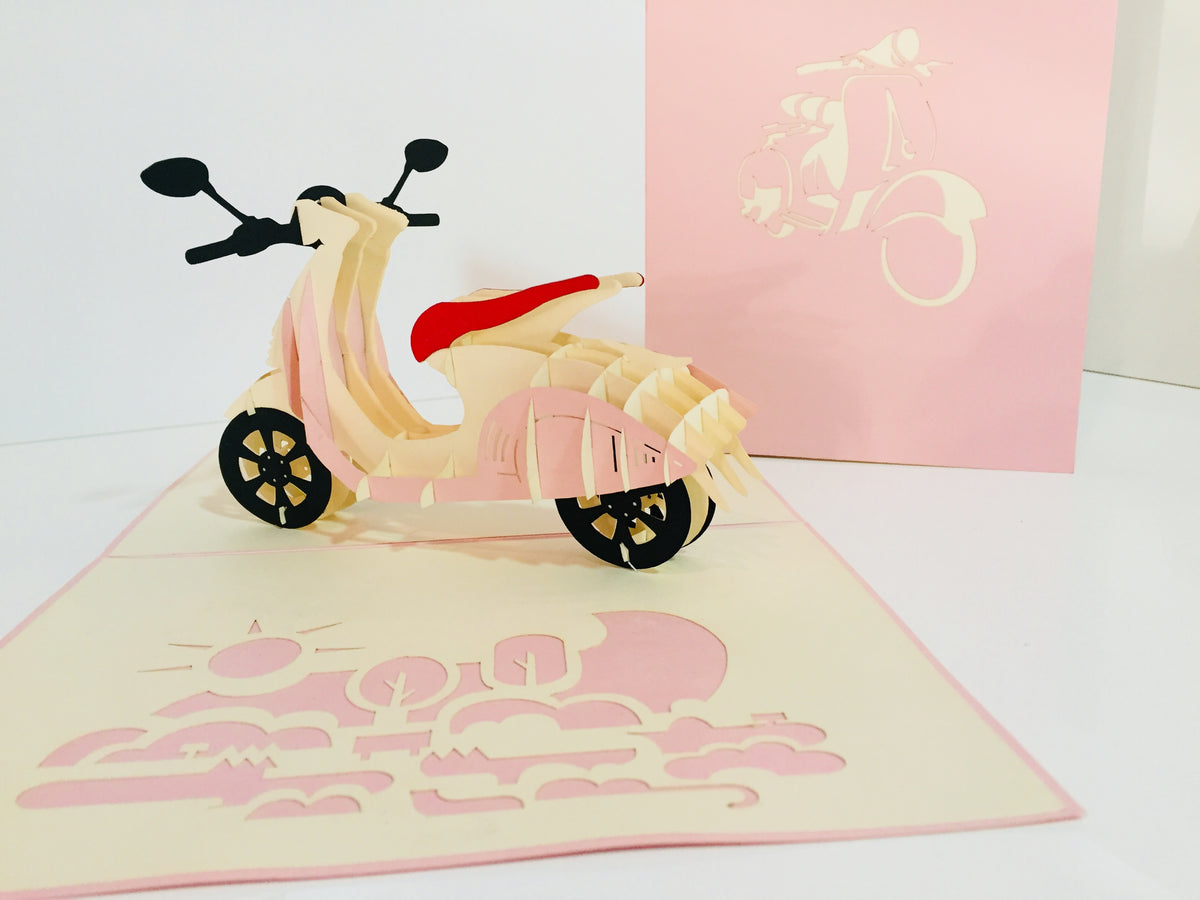 Super Cute Pink Scooter Motorcycle - Perfect for Happy Mother's Day Origami Pop Cards 3D Pop Up Greeting Card Celebrate Happy Birthday Thank You Handmade Best Wishes Gift Thinking of You Blank Card for Any Occasion Happy Valentine Day Australiana