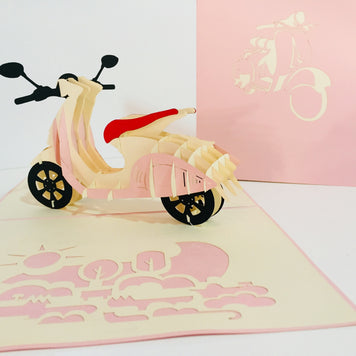 Super Cute Pink Scooter Motorcycle - Perfect for Happy Mother's Day Origami Pop Cards 3D Pop Up Greeting Card Celebrate Happy Birthday Thank You Handmade Best Wishes Gift Thinking of You Blank Card for Any Occasion Happy Valentine Day Australiana
