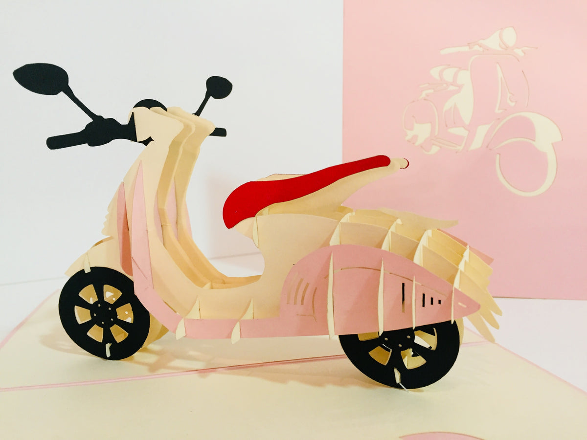 Super Cute Pink Scooter Motorcycle - Perfect for Happy Mother's Day Origami Pop Cards 3D Pop Up Greeting Card Celebrate Happy Birthday Thank You Handmade Best Wishes Gift Thinking of You Blank Card for Any Occasion Happy Valentine Day Australiana