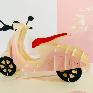 Super Cute Pink Scooter Motorcycle - Perfect for Happy Mother's Day Origami Pop Cards 3D Pop Up Greeting Card Celebrate Happy Birthday Thank You Handmade Best Wishes Gift Thinking of You Blank Card for Any Occasion Happy Valentine Day Australiana