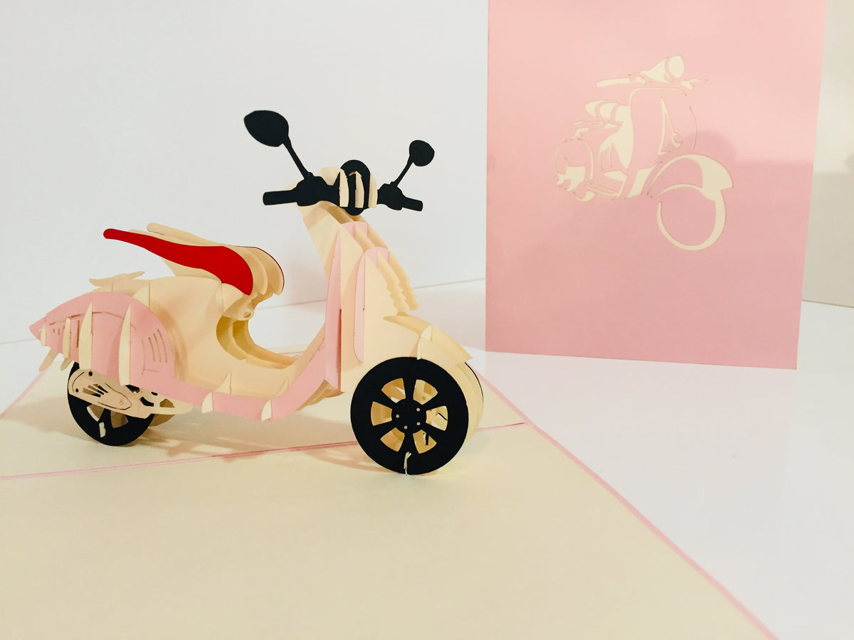 Super Cute Pink Scooter Motorcycle - Perfect for Happy Mother's Day Origami Pop Cards 3D Pop Up Greeting Card Celebrate Happy Birthday Thank You Handmade Best Wishes Gift Thinking of You Blank Card for Any Occasion Happy Valentine Day Australiana