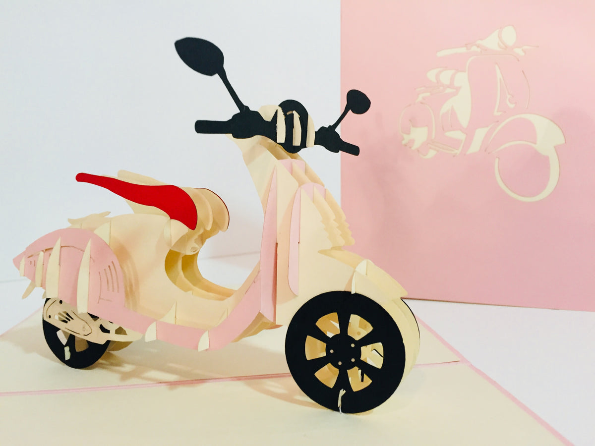 Super Cute Pink Scooter Motorcycle - Perfect for Happy Mother's Day Origami Pop Cards 3D Pop Up Greeting Card Celebrate Happy Birthday Thank You Handmade Best Wishes Gift Thinking of You Blank Card for Any Occasion Happy Valentine Day Australiana