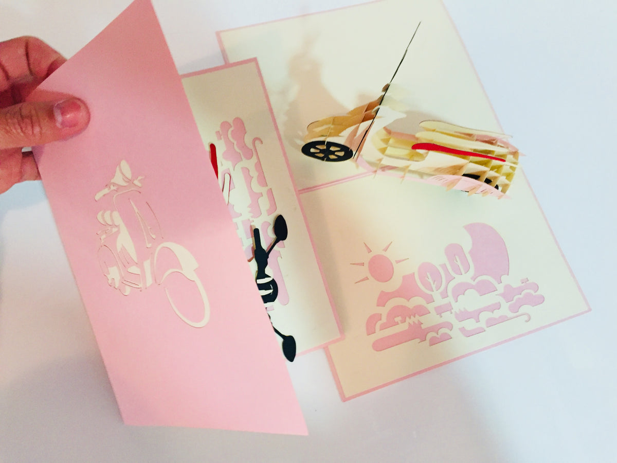 Super Cute Pink Scooter Motorcycle - Perfect for Happy Mother's Day Origami Pop Cards 3D Pop Up Greeting Card Celebrate Happy Birthday Thank You Handmade Best Wishes Gift Thinking of You Blank Card for Any Occasion Happy Valentine Day Australiana