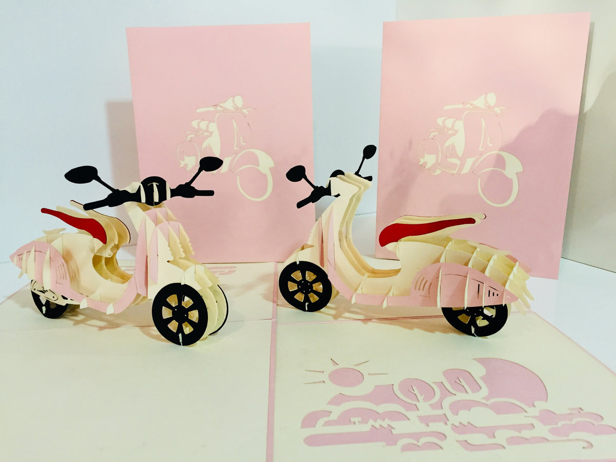 Super Cute Pink Scooter Motorcycle - Perfect for Happy Mother's Day Origami Pop Cards 3D Pop Up Greeting Card Celebrate Happy Birthday Thank You Handmade Best Wishes Gift Thinking of You Blank Card for Any Occasion Happy Valentine Day Australiana