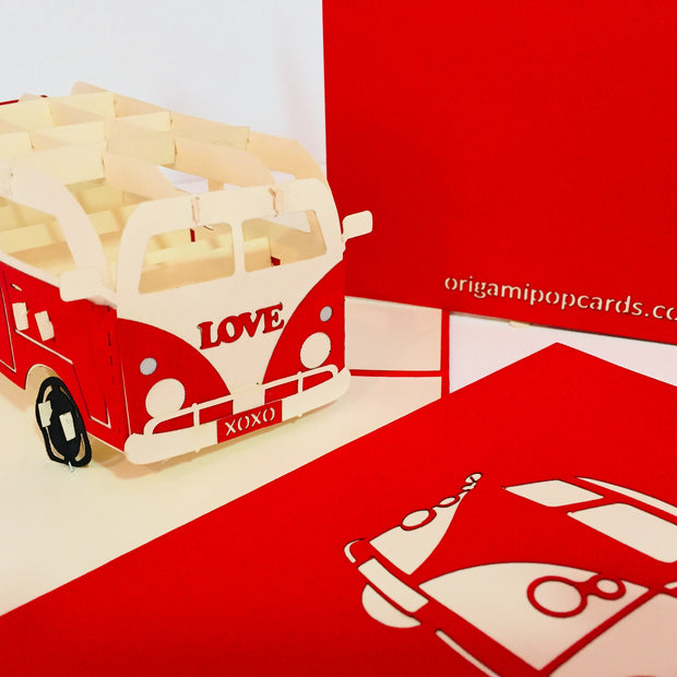 Super Cute VW Sufer Kombi Vintage Campervan in Red Origami Pop Cards 3D Pop Up Greeting Card Celebrate Happy Birthday Thank You Handmade Best Wishes Gift Thinking of You Blank Card for Any Occasion Happy Mother's Day Australiana