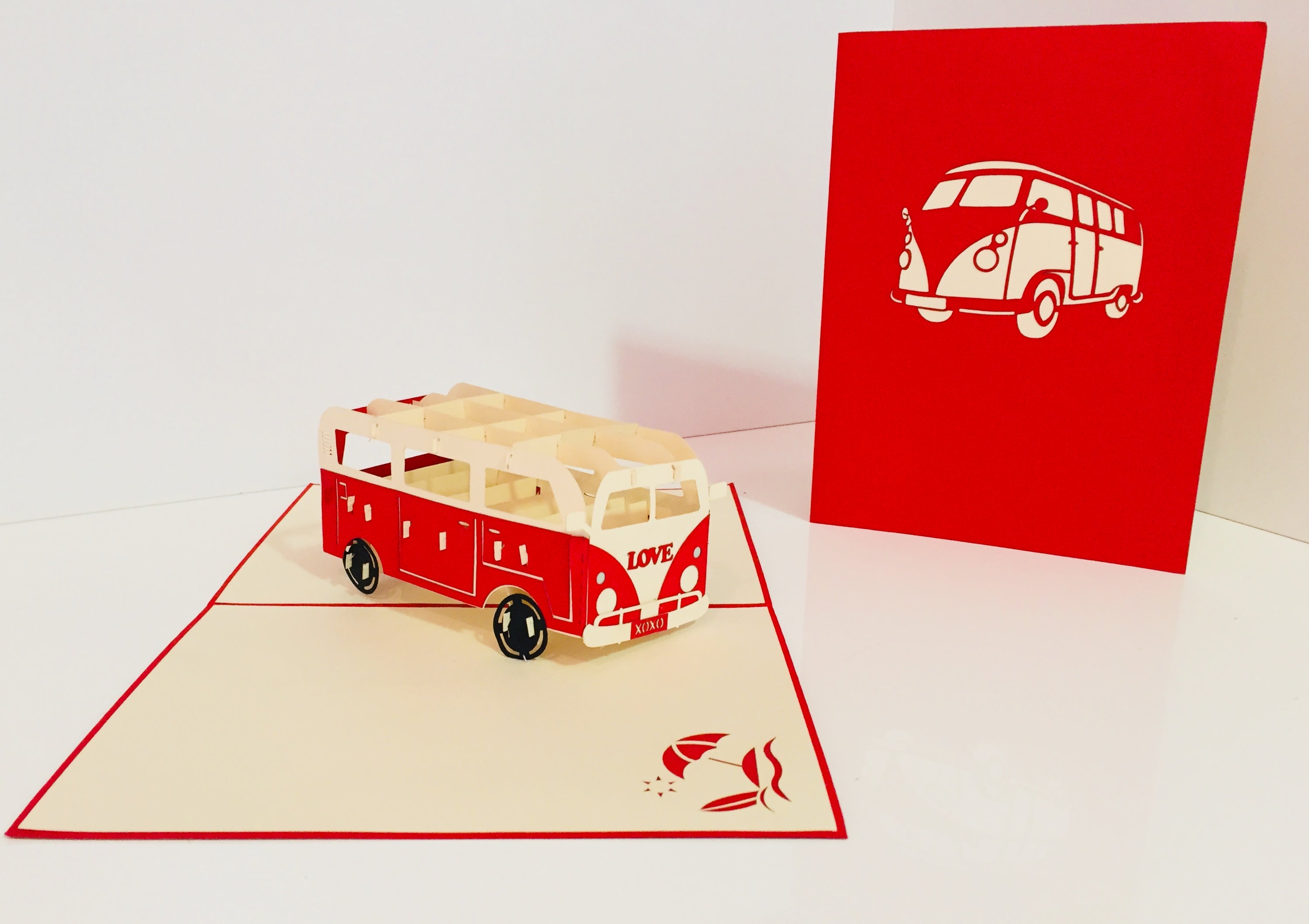 Super Cute VW Sufer Kombi Vintage Campervan in Red Origami Pop Cards 3D Pop Up Greeting Card Celebrate Happy Birthday Thank You Handmade Best Wishes Gift Thinking of You Blank Card for Any Occasion Happy Mother's Day Australiana