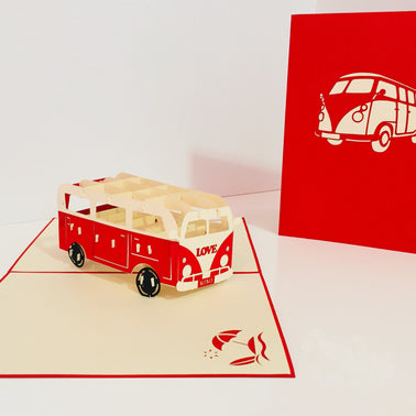 Super Cute VW Sufer Kombi Vintage Campervan in Red Origami Pop Cards 3D Pop Up Greeting Card Celebrate Happy Birthday Thank You Handmade Best Wishes Gift Thinking of You Blank Card for Any Occasion Happy Mother's Day Australiana