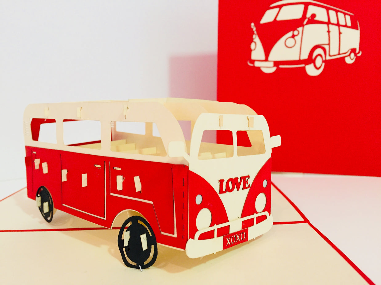 Super Cute VW Sufer Kombi Vintage Campervan in Red Origami Pop Cards 3D Pop Up Greeting Card Celebrate Happy Birthday Thank You Handmade Best Wishes Gift Thinking of You Blank Card for Any Occasion Happy Mother's Day Australiana
