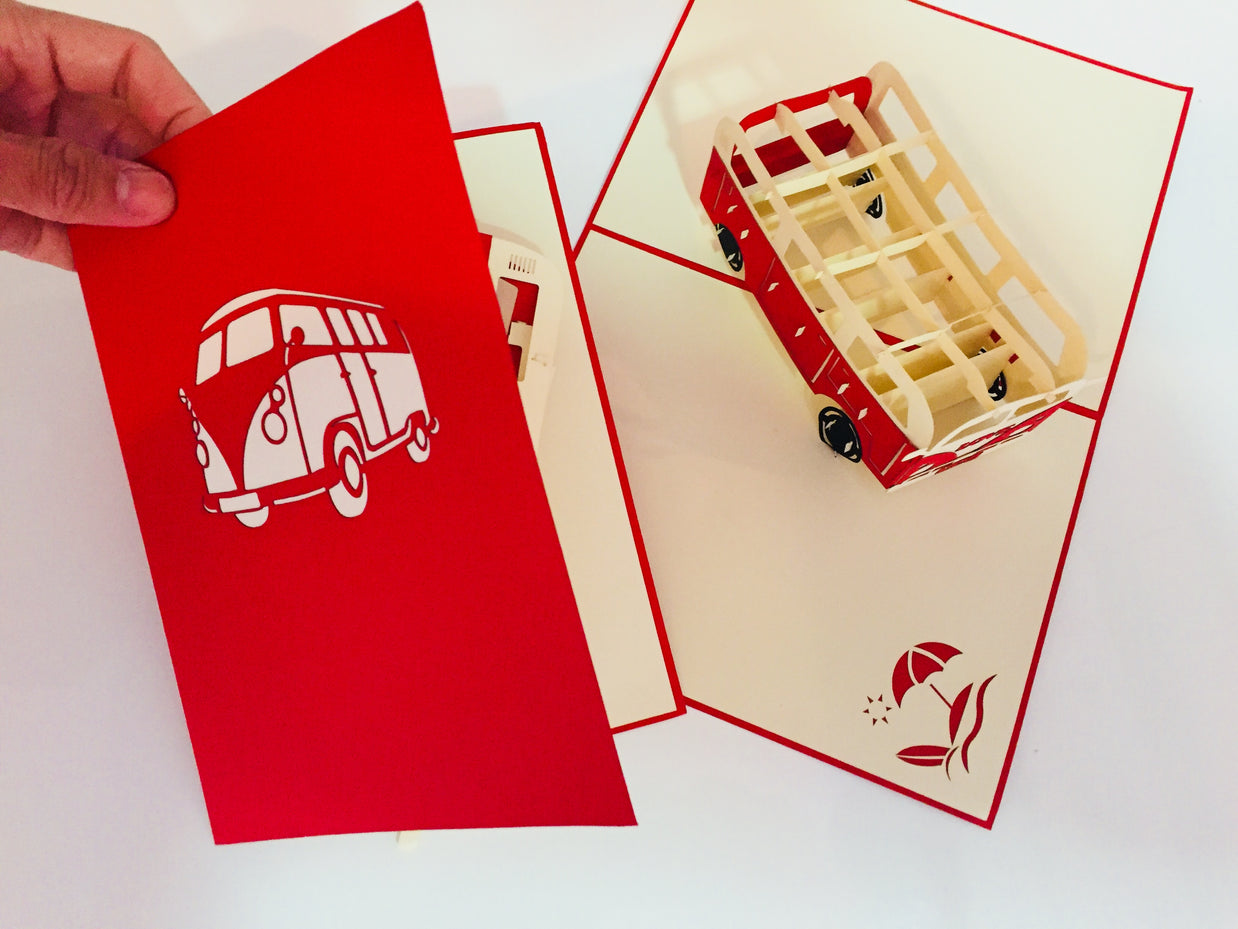 Super Cute VW Sufer Kombi Vintage Campervan in Red Origami Pop Cards 3D Pop Up Greeting Card Celebrate Happy Birthday Thank You Handmade Best Wishes Gift Thinking of You Blank Card for Any Occasion Happy Mother's Day Australiana