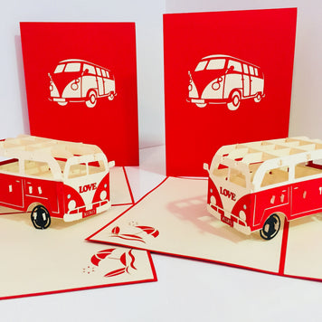 Super Cute VW Sufer Kombi Vintage Campervan in Red Origami Pop Cards 3D Pop Up Greeting Card Celebrate Happy Birthday Thank You Handmade Best Wishes Gift Thinking of You Blank Card for Any Occasion Happy Mother's Day Australiana