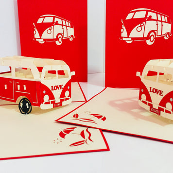 Super Cute VW Sufer Kombi Vintage Campervan in Red Origami Pop Cards 3D Pop Up Greeting Card Celebrate Happy Birthday Thank You Handmade Best Wishes Gift Thinking of You Blank Card for Any Occasion Happy Mother's Day Australiana