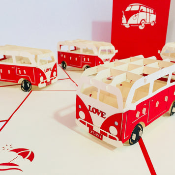 Super Cute VW Sufer Kombi Vintage Campervan in Red Origami Pop Cards 3D Pop Up Greeting Card Celebrate Happy Birthday Thank You Handmade Best Wishes Gift Thinking of You Blank Card for Any Occasion Happy Mother's Day Australiana