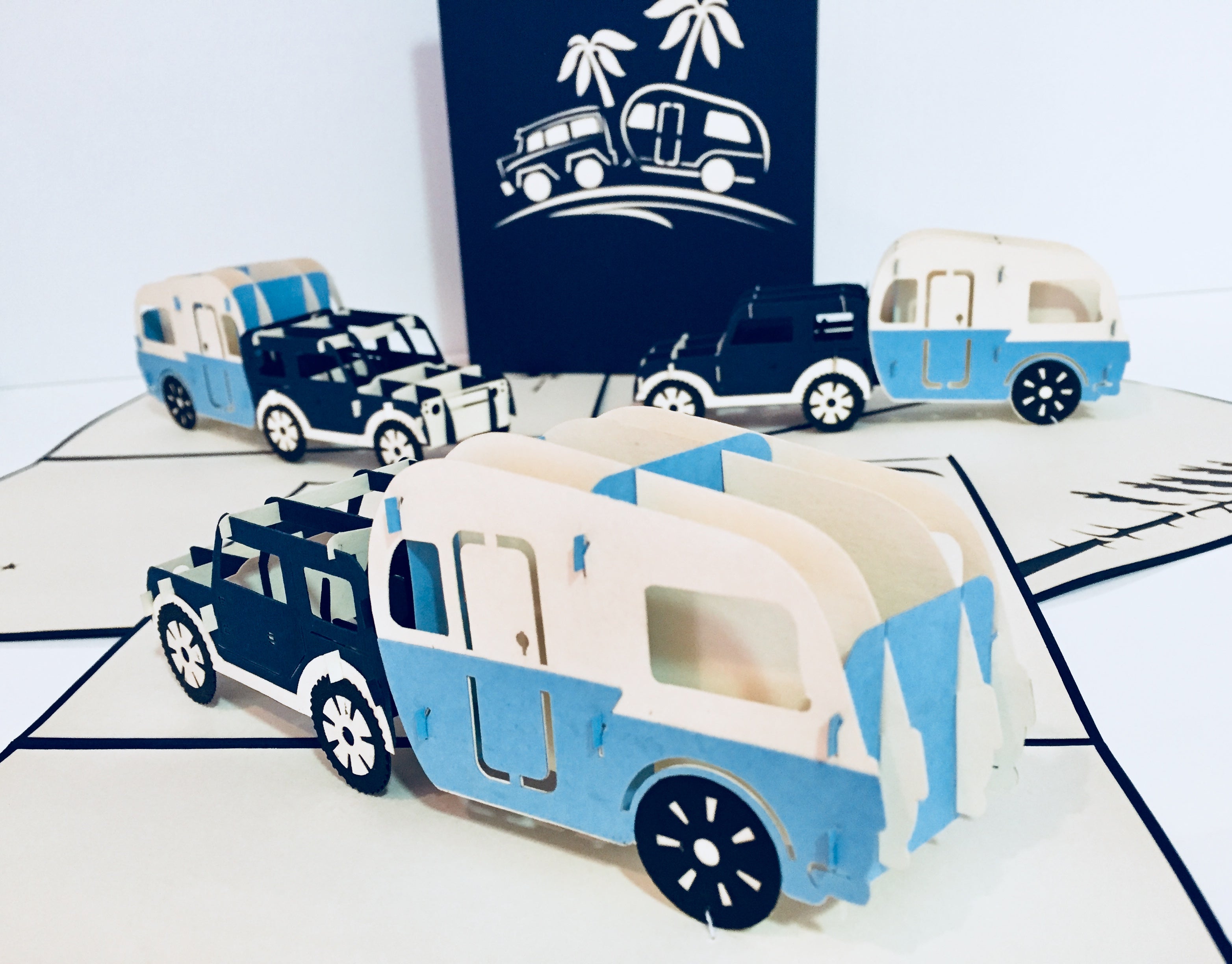 Super Cute 4WD Towing a Vintage Caravan in Blue Origami Pop Cards 3D Pop Up Greeting Card Celebrate Happy Birthday Thank You Handmade Best Wishes Gift Thinking of You Blank Card for Any Occasion Happy Mother's Day Australiana