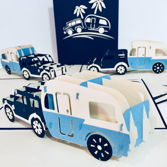 Super Cute 4WD Towing a Vintage Caravan in Blue Origami Pop Cards 3D Pop Up Greeting Card Celebrate Happy Birthday Thank You Handmade Best Wishes Gift Thinking of You Blank Card for Any Occasion Happy Mother's Day Australiana