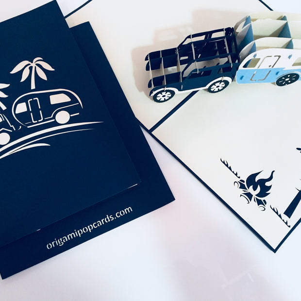 Super Cute 4WD Towing a Vintage Caravan in Blue Origami Pop Cards 3D Pop Up Greeting Card Celebrate Happy Birthday Thank You Handmade Best Wishes Gift Thinking of You Blank Card for Any Occasion Happy Mother's Day Australiana