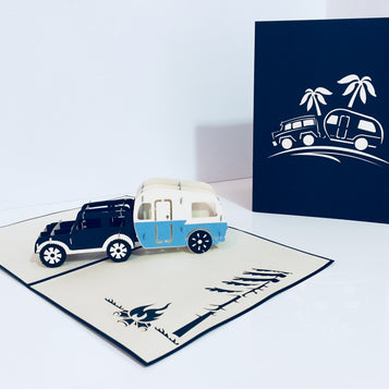 Super Cute 4WD Towing a Vintage Caravan in Blue Origami Pop Cards 3D Pop Up Greeting Card Celebrate Happy Birthday Thank You Handmade Best Wishes Gift Thinking of You Blank Card for Any Occasion Happy Mother's Day Australiana