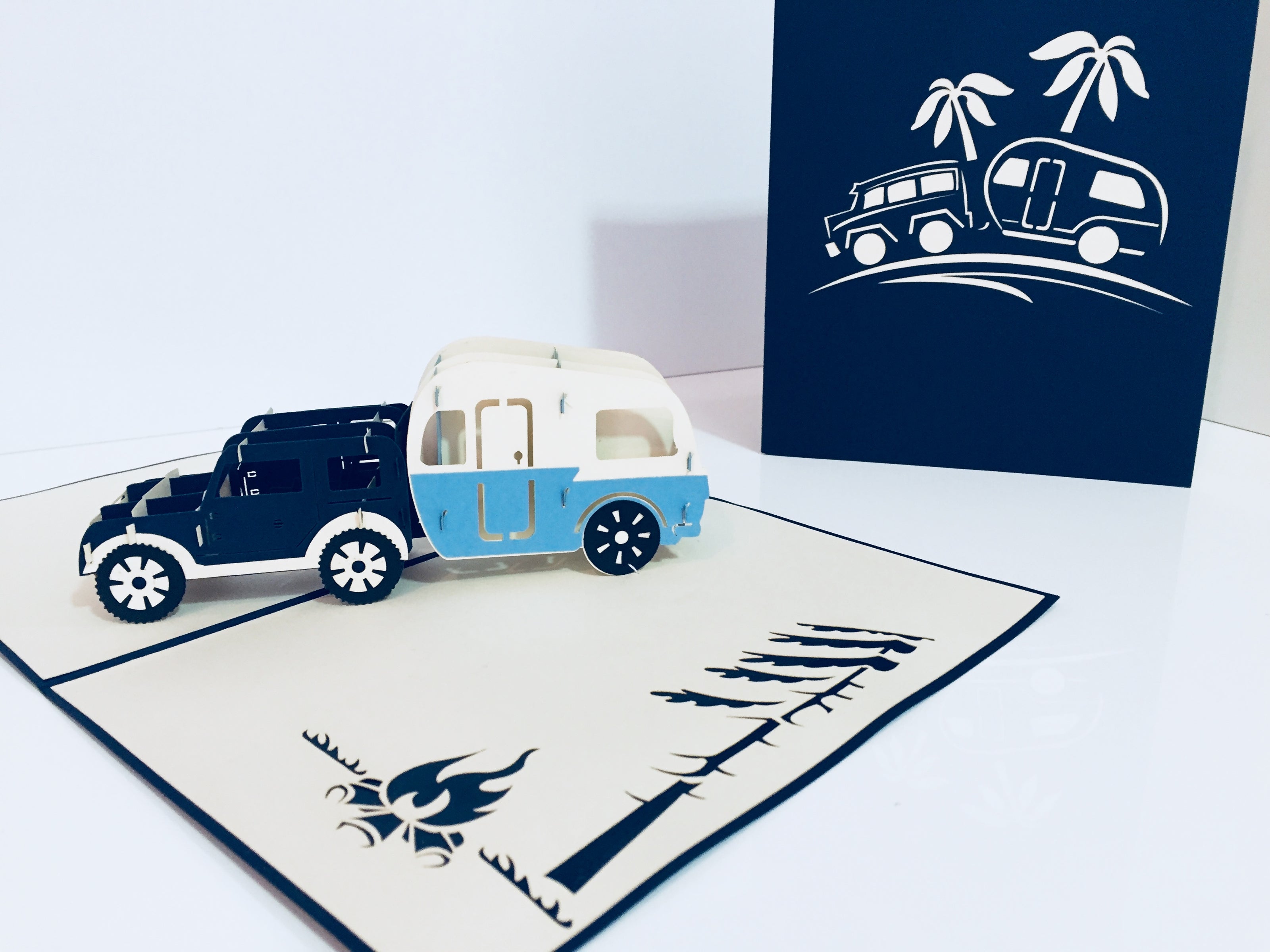 Super Cute 4WD Towing a Vintage Caravan in Blue Origami Pop Cards 3D Pop Up Greeting Card Celebrate Happy Birthday Thank You Handmade Best Wishes Gift Thinking of You Blank Card for Any Occasion Happy Mother's Day Australiana