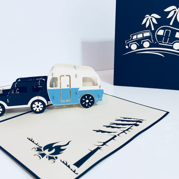 Super Cute 4WD Towing a Vintage Caravan in Blue Origami Pop Cards 3D Pop Up Greeting Card Celebrate Happy Birthday Thank You Handmade Best Wishes Gift Thinking of You Blank Card for Any Occasion Happy Mother's Day Australiana