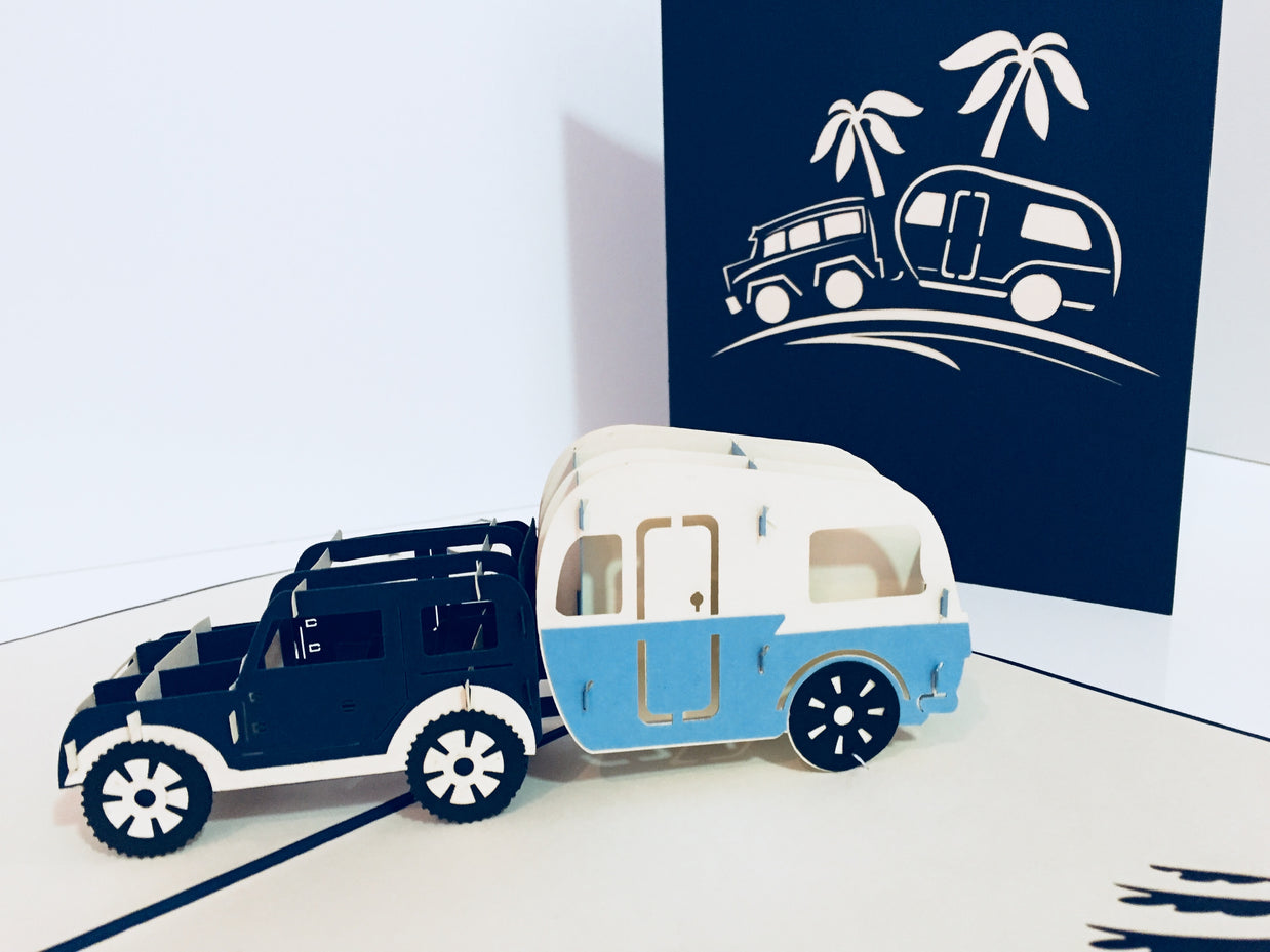 Super Cute 4WD Towing a Vintage Caravan in Blue Origami Pop Cards 3D Pop Up Greeting Card Celebrate Happy Birthday Thank You Handmade Best Wishes Gift Thinking of You Blank Card for Any Occasion Happy Mother's Day Australiana