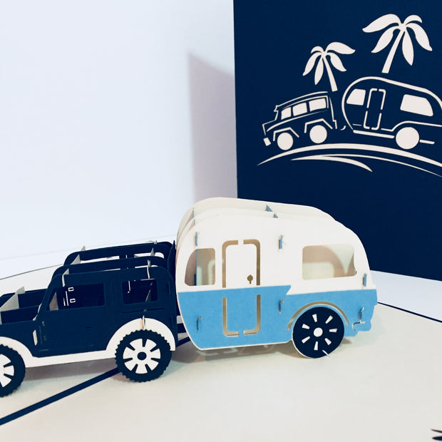 Super Cute 4WD Towing a Vintage Caravan in Blue Origami Pop Cards 3D Pop Up Greeting Card Celebrate Happy Birthday Thank You Handmade Best Wishes Gift Thinking of You Blank Card for Any Occasion Happy Mother's Day Australiana
