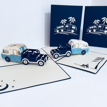 Super Cute 4WD Towing a Vintage Caravan in Blue Origami Pop Cards 3D Pop Up Greeting Card Celebrate Happy Birthday Thank You Handmade Best Wishes Gift Thinking of You Blank Card for Any Occasion Happy Mother's Day Australiana