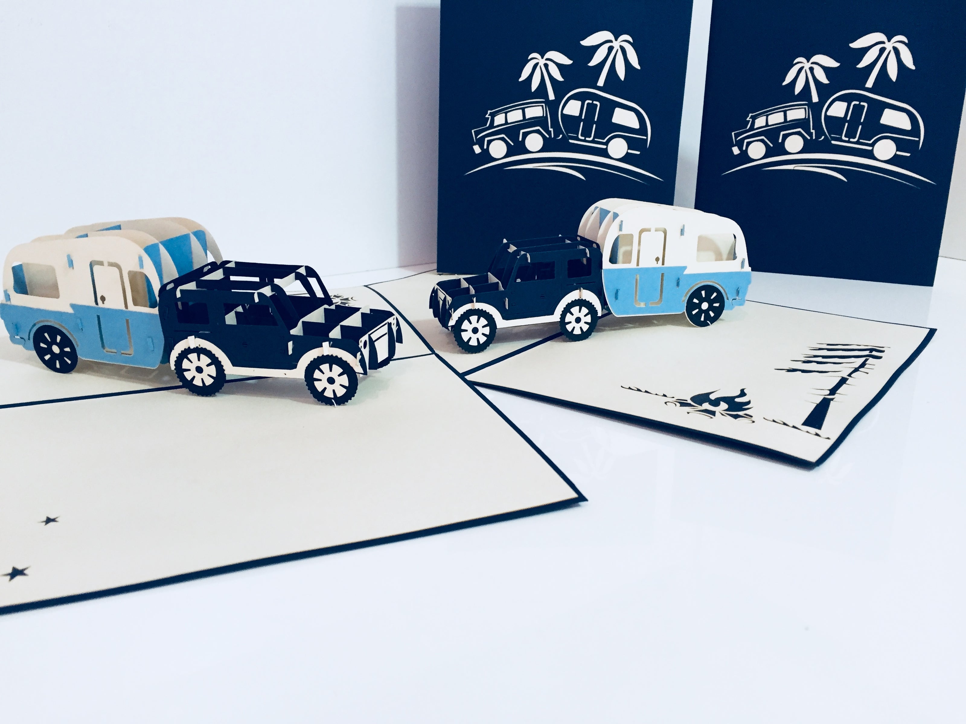 Super Cute 4WD Towing a Vintage Caravan in Blue Origami Pop Cards 3D Pop Up Greeting Card Celebrate Happy Birthday Thank You Handmade Best Wishes Gift Thinking of You Blank Card for Any Occasion Happy Mother's Day Australiana