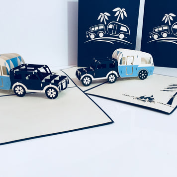 Super Cute 4WD Towing a Vintage Caravan in Blue Origami Pop Cards 3D Pop Up Greeting Card Celebrate Happy Birthday Thank You Handmade Best Wishes Gift Thinking of You Blank Card for Any Occasion Happy Mother's Day Australiana