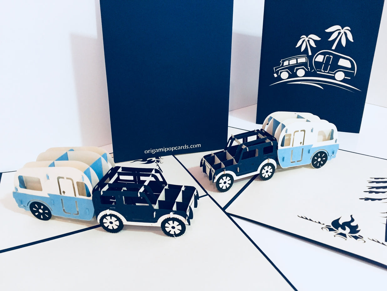 Super Cute 4WD Towing a Vintage Caravan in Blue Origami Pop Cards 3D Pop Up Greeting Card Celebrate Happy Birthday Thank You Handmade Best Wishes Gift Thinking of You Blank Card for Any Occasion Happy Mother's Day Australiana