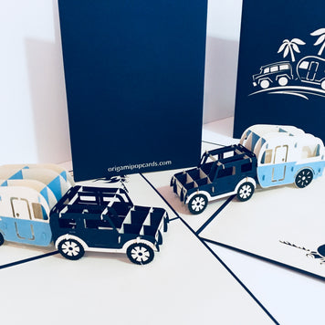 Super Cute 4WD Towing a Vintage Caravan in Blue Origami Pop Cards 3D Pop Up Greeting Card Celebrate Happy Birthday Thank You Handmade Best Wishes Gift Thinking of You Blank Card for Any Occasion Happy Mother's Day Australiana