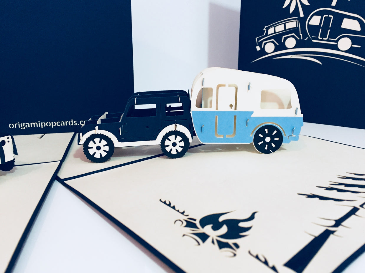 Super Cute 4WD Towing a Vintage Caravan in Blue Origami Pop Cards 3D Pop Up Greeting Card Celebrate Happy Birthday Thank You Handmade Best Wishes Gift Thinking of You Blank Card for Any Occasion Happy Mother's Day Australiana