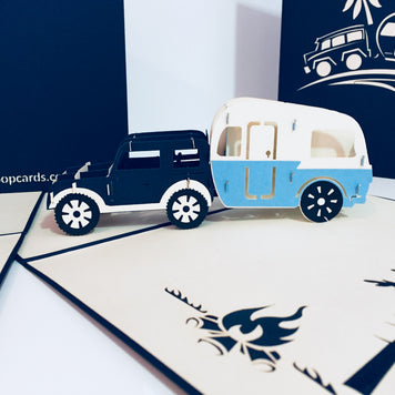 Super Cute 4WD Towing a Vintage Caravan in Blue Origami Pop Cards 3D Pop Up Greeting Card Celebrate Happy Birthday Thank You Handmade Best Wishes Gift Thinking of You Blank Card for Any Occasion Happy Mother's Day Australiana