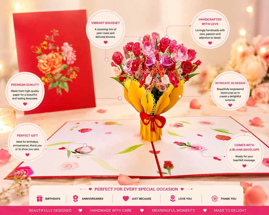 Sweetheart Flower Bouquet for any Special Occasion Origami Pop Cards 3D Pop Up Greeting Card Happy Birthday Thank You Handmade Gift Thinking of You Blank Card for Any Occasion Happy Mother's Day Happy Father's Australiana Celebrate and Romantic