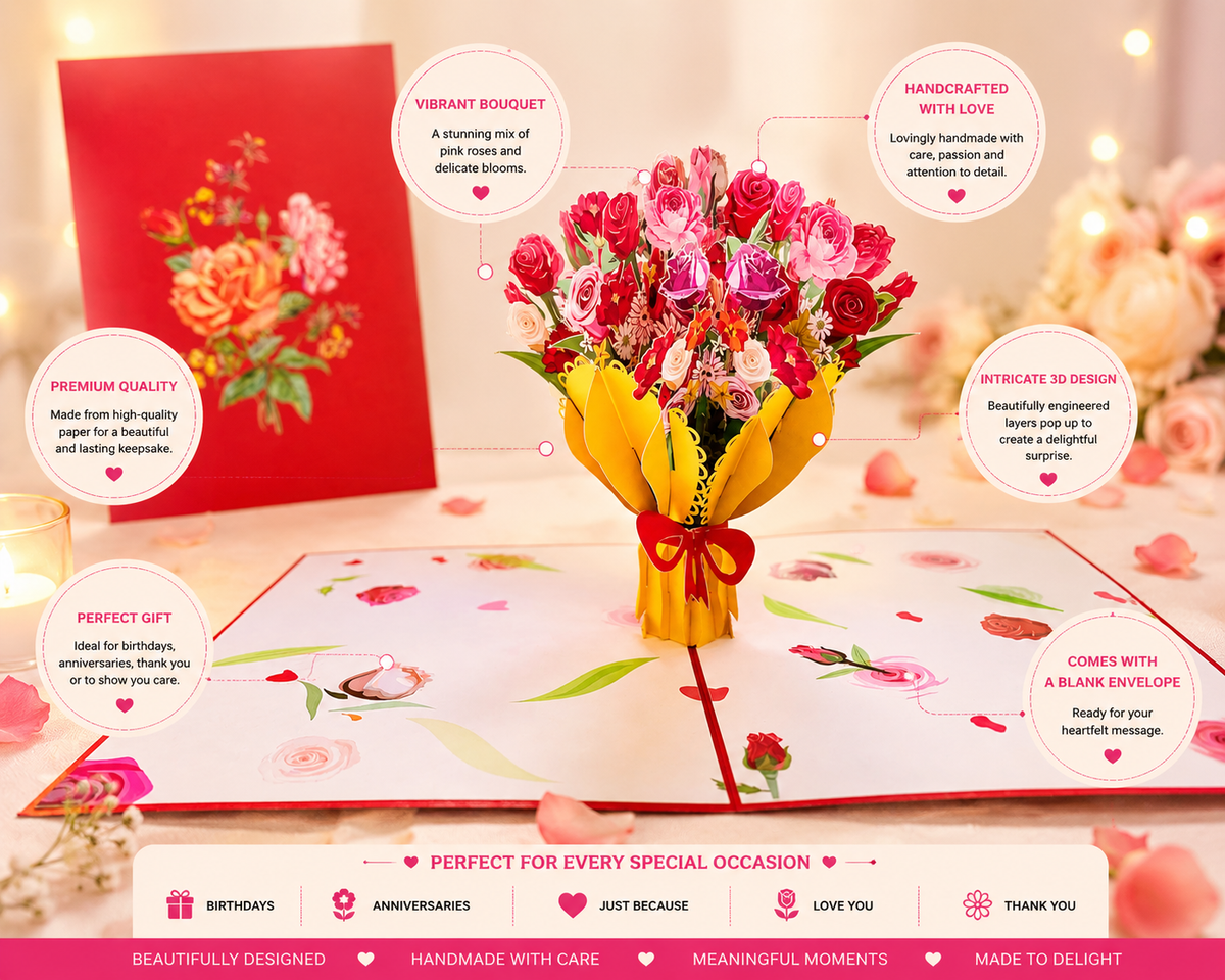 Sweetheart Flower Bouquet for any Special Occasion Origami Pop Cards 3D Pop Up Greeting Card Happy Birthday Thank You Handmade Gift Thinking of You Blank Card for Any Occasion Happy Mother's Day Happy Father's Australiana Celebrate and Romantic