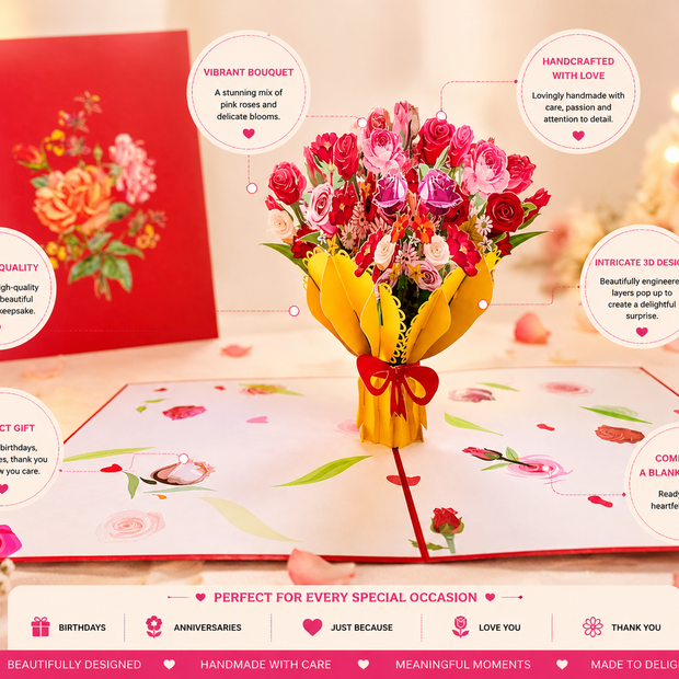 Sweetheart Flower Bouquet for any Special Occasion Origami Pop Cards 3D Pop Up Greeting Card Happy Birthday Thank You Handmade Gift Thinking of You Blank Card for Any Occasion Happy Mother's Day Happy Father's Australiana Celebrate and Romantic