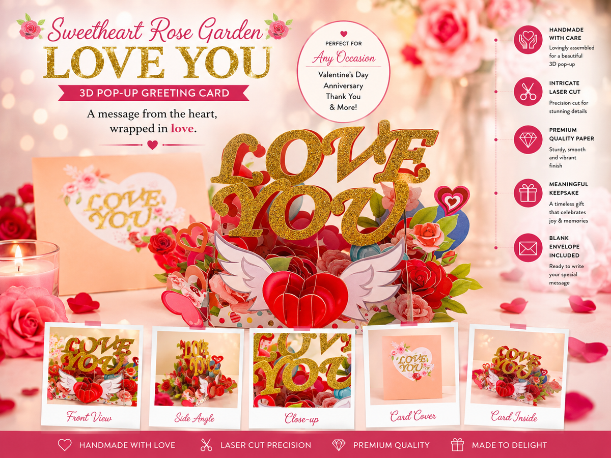 Sweetheart Rose Garden LOVE YOU 3D POP UP GREETING CARD - Created by Origami Pop Cards Australian Design & Handmade 3D Pop Up Magical Paper Cards, Handmade Pop Up Cards Happy Valentine's Day Celebrate Heart Fell and Romantic