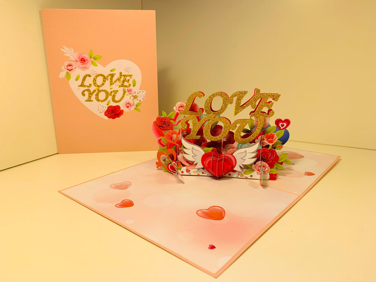 Sweetheart Rose Garden LOVE YOU 3D POP UP GREETING CARD - Created by Origami Pop Cards Australian Design & Handmade 3D Pop Up Magical Paper Cards, Handmade Pop Up Cards Happy Valentine's Day Celebrate Love Heart Fell and Romantic