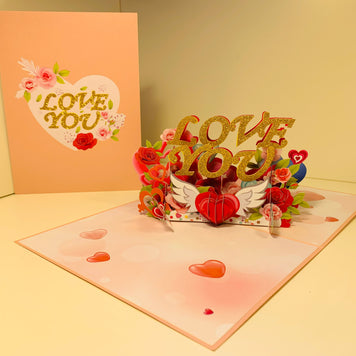 Sweetheart Rose Garden LOVE YOU 3D POP UP GREETING CARD - Created by Origami Pop Cards Australian Design & Handmade 3D Pop Up Magical Paper Cards, Handmade Pop Up Cards Happy Valentine's Day Celebrate Love Heart Fell and Romantic
