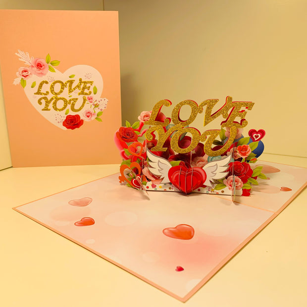 Sweetheart Rose Garden LOVE YOU 3D POP UP GREETING CARD - Created by Origami Pop Cards Australian Design & Handmade 3D Pop Up Magical Paper Cards, Handmade Pop Up Cards Happy Valentine's Day Celebrate Heart Fell and Romantic