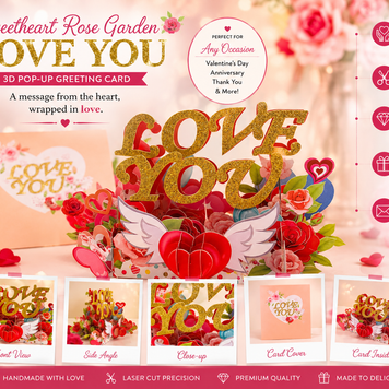 Sweetheart Rose Garden LOVE YOU 3D POP UP GREETING CARD - Created by Origami Pop Cards Australian Design & Handmade 3D Pop Up Magical Paper Cards, Handmade Pop Up Cards Happy Valentine's Day Celebrate Heart Fell and Romantic