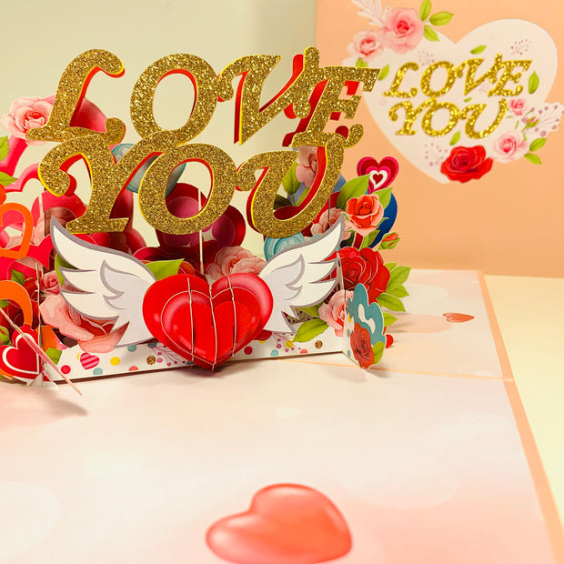 Sweetheart Rose Garden LOVE YOU 3D POP UP GREETING CARD - Created by Origami Pop Cards Australian Design & Handmade 3D Pop Up Magical Paper Cards, Handmade Pop Up Cards Happy Valentine's Day Celebrate Love Heart Fell and Romantic