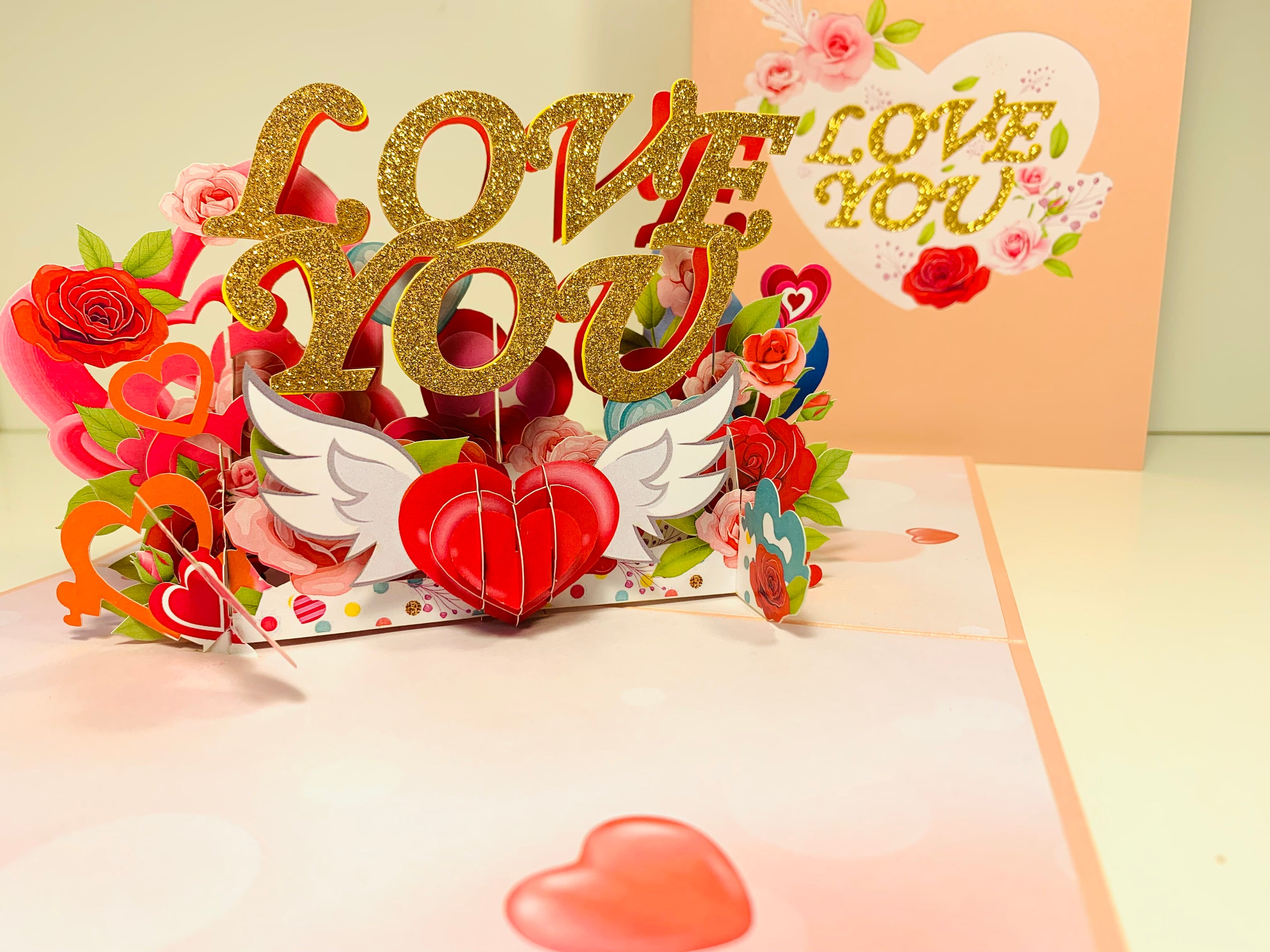 Sweetheart Rose Garden LOVE YOU 3D POP UP GREETING CARD - Created by Origami Pop Cards Australian Design & Handmade 3D Pop Up Magical Paper Cards, Handmade Pop Up Cards Happy Valentine's Day Celebrate Love Heart Fell and Romantic