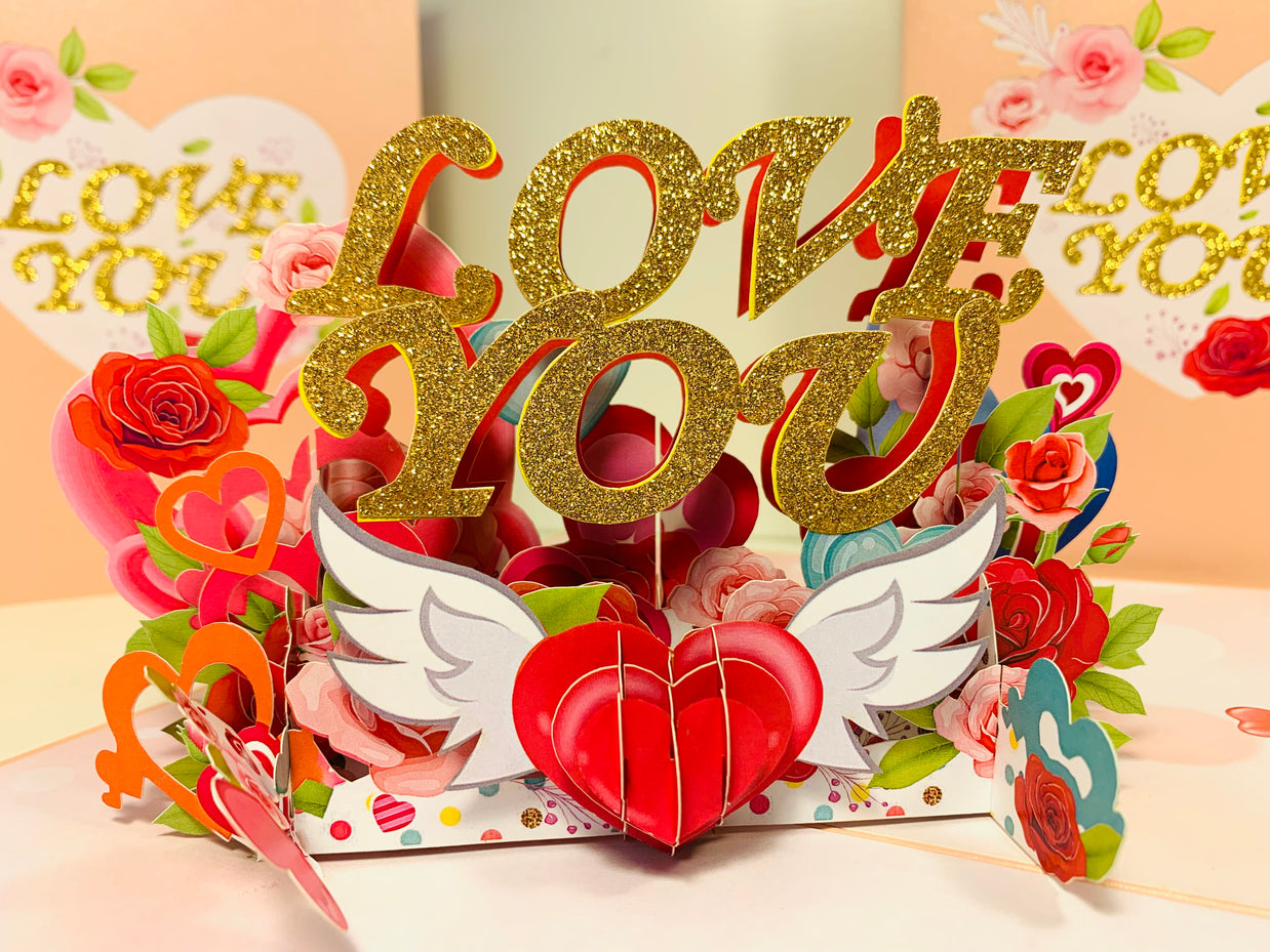 Sweetheart Rose Garden LOVE YOU 3D POP UP GREETING CARD - Created by Origami Pop Cards Australian Design & Handmade 3D Pop Up Magical Paper Cards, Handmade Pop Up Cards Happy Valentine's Day Celebrate Love Heart Fell and Romantic