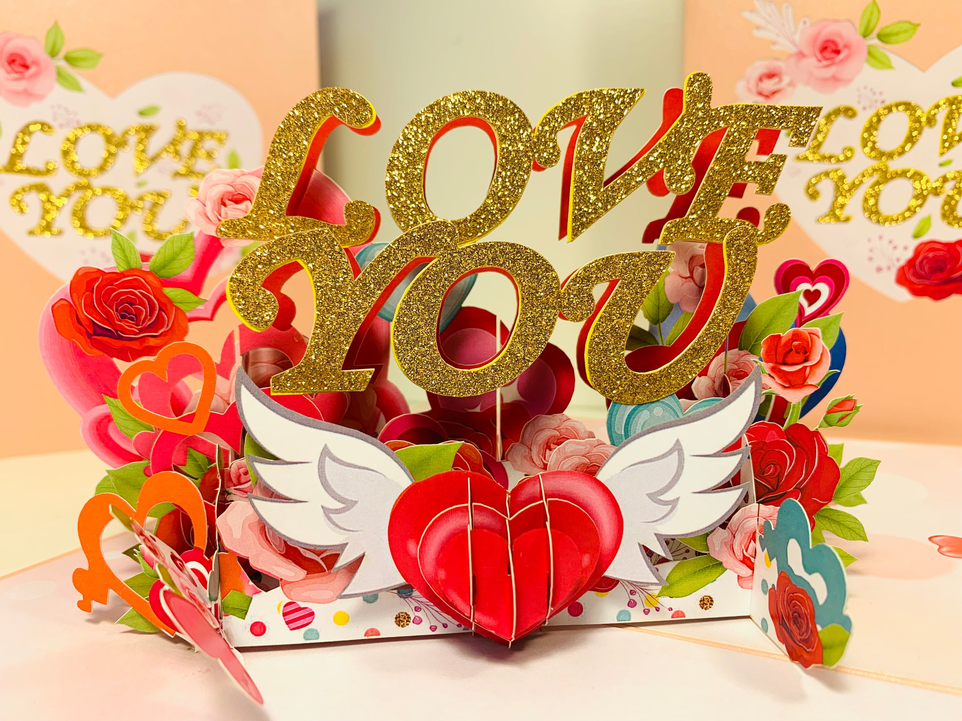 Sweetheart Rose Garden LOVE YOU 3D POP UP GREETING CARD - Created by Origami Pop Cards Australian Design & Handmade 3D Pop Up Magical Paper Cards, Handmade Pop Up Cards Happy Valentine's Day Celebrate Love Heart Fell and Romantic